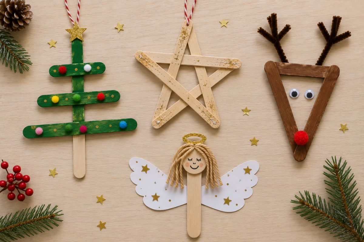 Weihnachtliche Bastelideen aus Holzstäbchen mit einem Weihnachtsbaum, Stern, Rentier und Engel als einfache DIY-Ideen für Kinder.