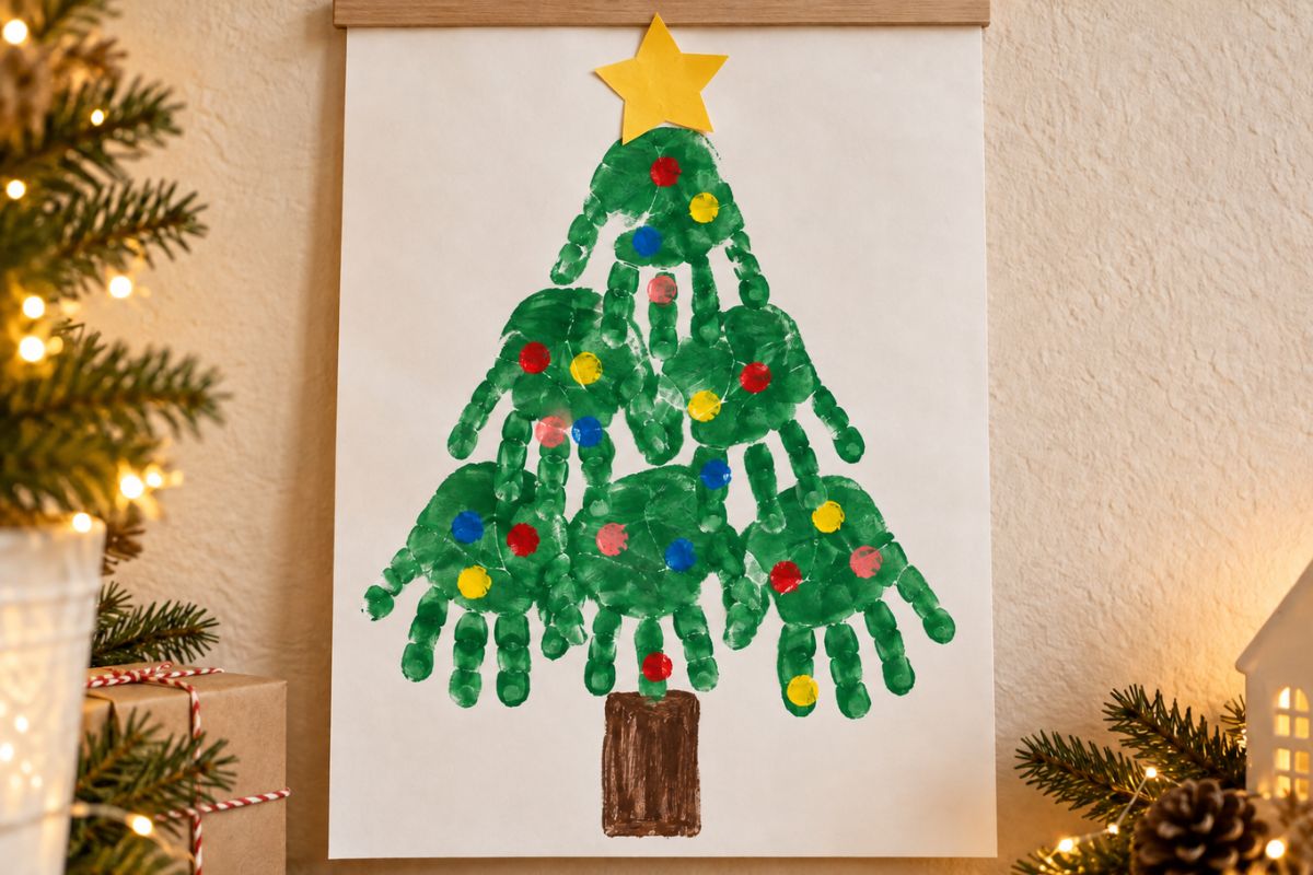 Weihnachtsbaum aus dicht angeordneten grünen Kinderhandabdrücken und bunten Fingerabdruck-Kugeln
