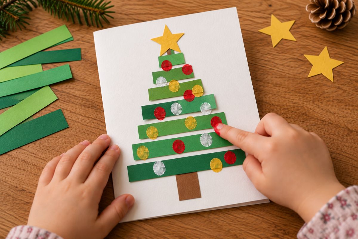 Weihnachtskarte mit Kindern basteln: Weihnachtsbaum aus grünen Papierstreifen mit bunten Fingerabdrücken als Christbaumkugeln.