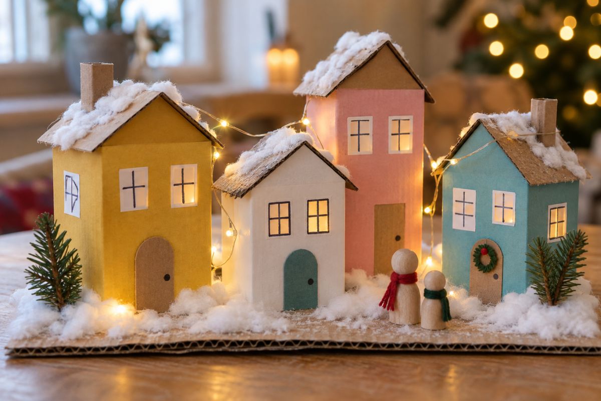 Selbst gebasteltes Weihnachtsdorf aus kleinen Kartons mit Papierhäusern, Watte und LED-Lichterkette