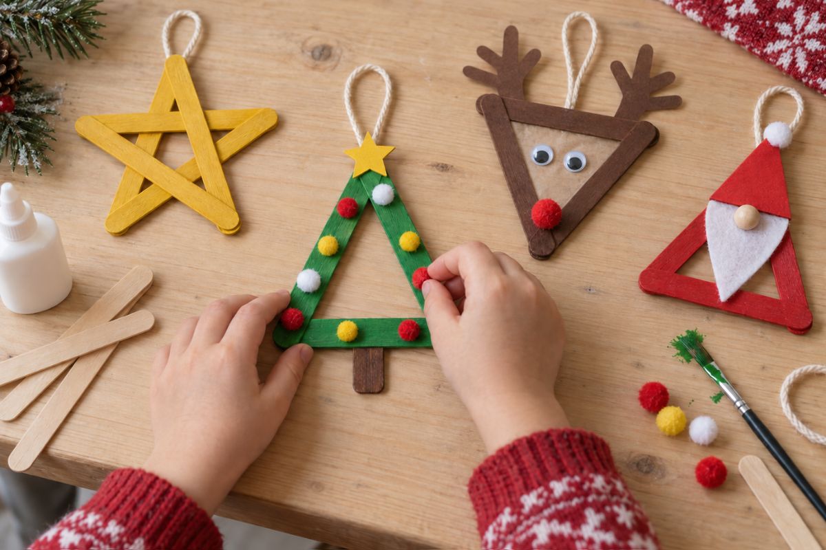 Kind bastelt Weihnachtsfiguren aus Eisstielen, darunter ein Rentier mit Transparentpapier