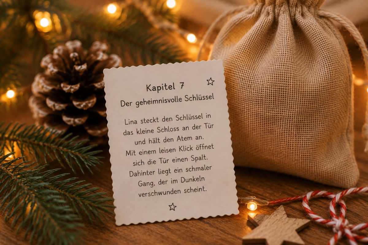 Karte mit einem Kapitel einer Weihnachtsgeschichte vor einem Jutebeutel als Idee für einen Adventskalender mit 24 kurzen Geschichten für Kinder.