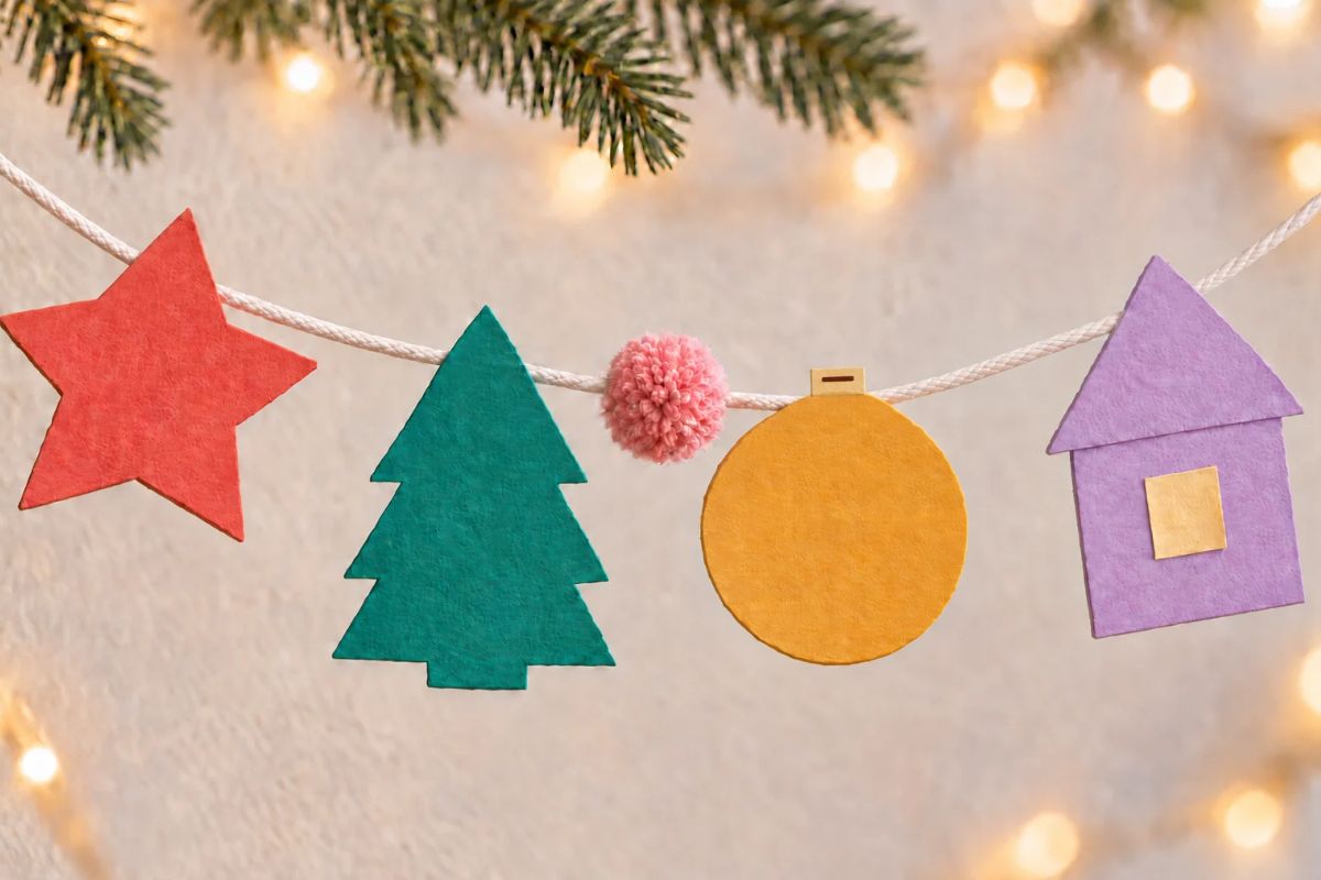 Bunte Weihnachtsgirlande aus Papier mit Stern, Tannenbaum, Weihnachtskugel und Haus