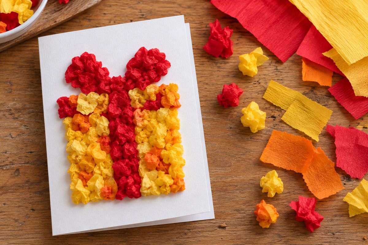 Weihnachtskarte als Knüllbild basteln: Geschenk aus bunten Krepppapier-Kugeln auf einer weißen Klappkarte.