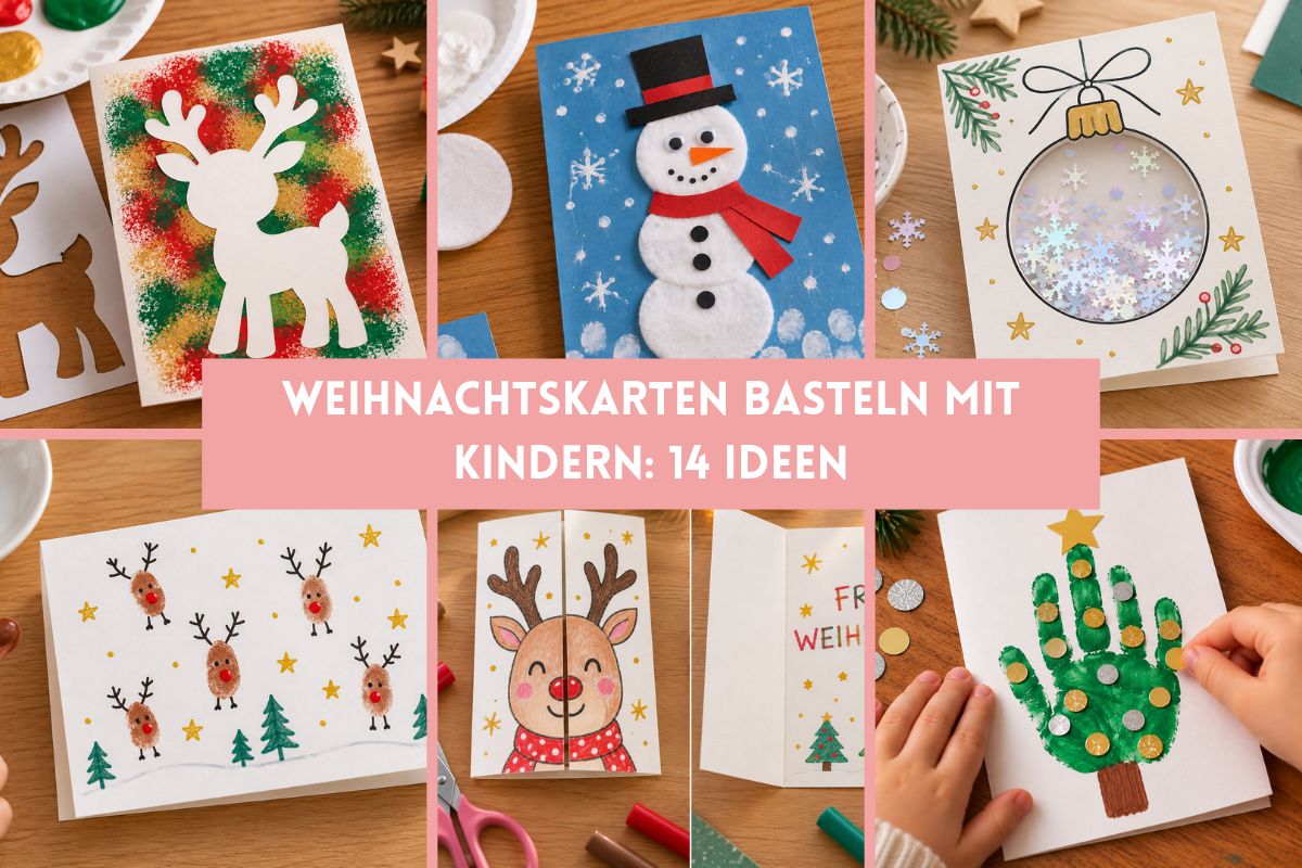 Weihnachtskarten basteln mit Kindern – 14 kreative Ideen mit Rentier, Schneemann, Weihnachtskugel und Handabdruck-Tannenbaum.