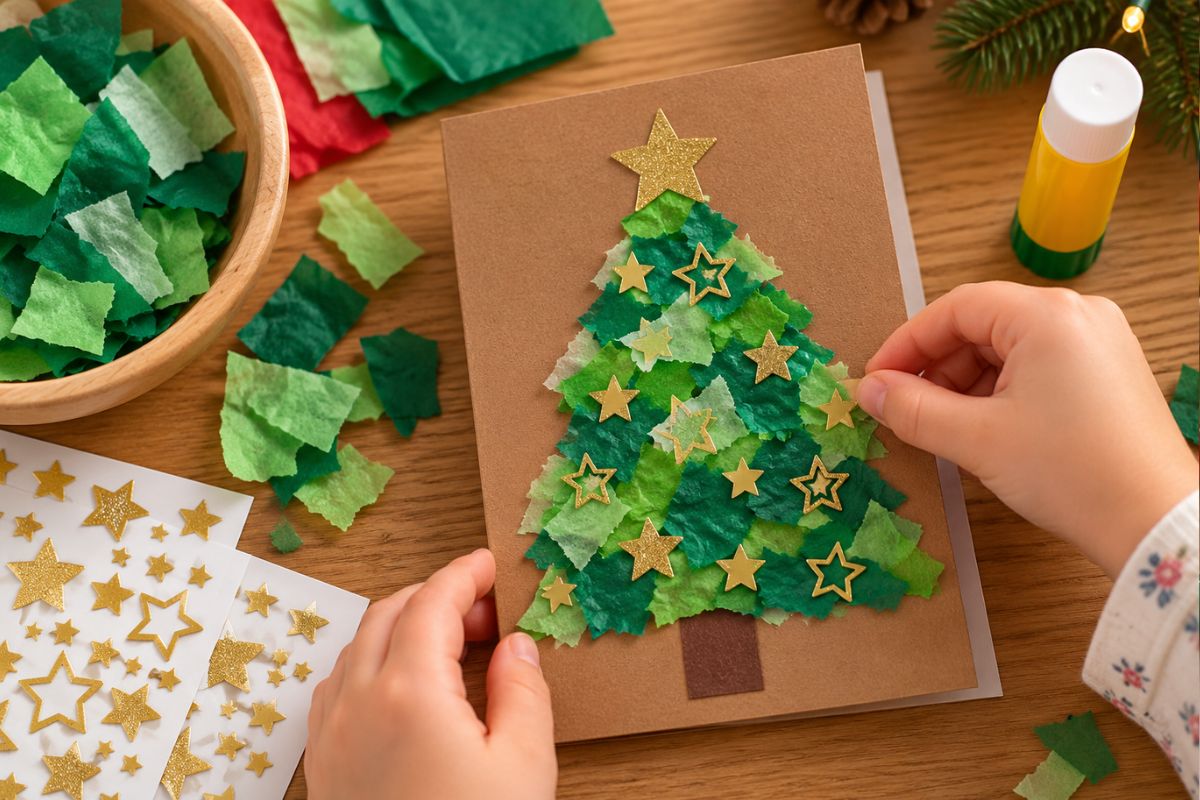 Weihnachtskarte mit Papierschnipseln basteln: Tannenbaum aus grünem Seidenpapier mit goldenen Stern-Stickern.