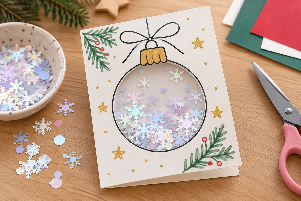 Einfache Weihnachts-Schüttelkarte basteln: Weihnachtskugel mit transparenter Folie und schimmernden Schneeflocken als Füllung.