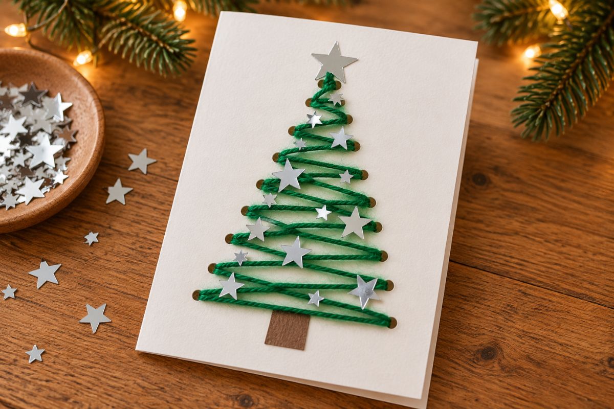 Weihnachtskarte mit Kindern basteln: Weihnachtsbaum aus grüner Wolle gefädelt und mit silbernen Sternen verziert.