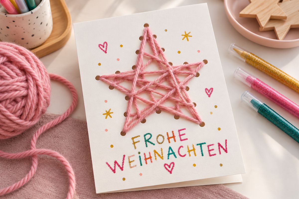 Weihnachtskarte mit Faden-Stern basteln: Rosa Wolle wird durch vorbereitete Löcher zu einem großen Stern gefädelt.