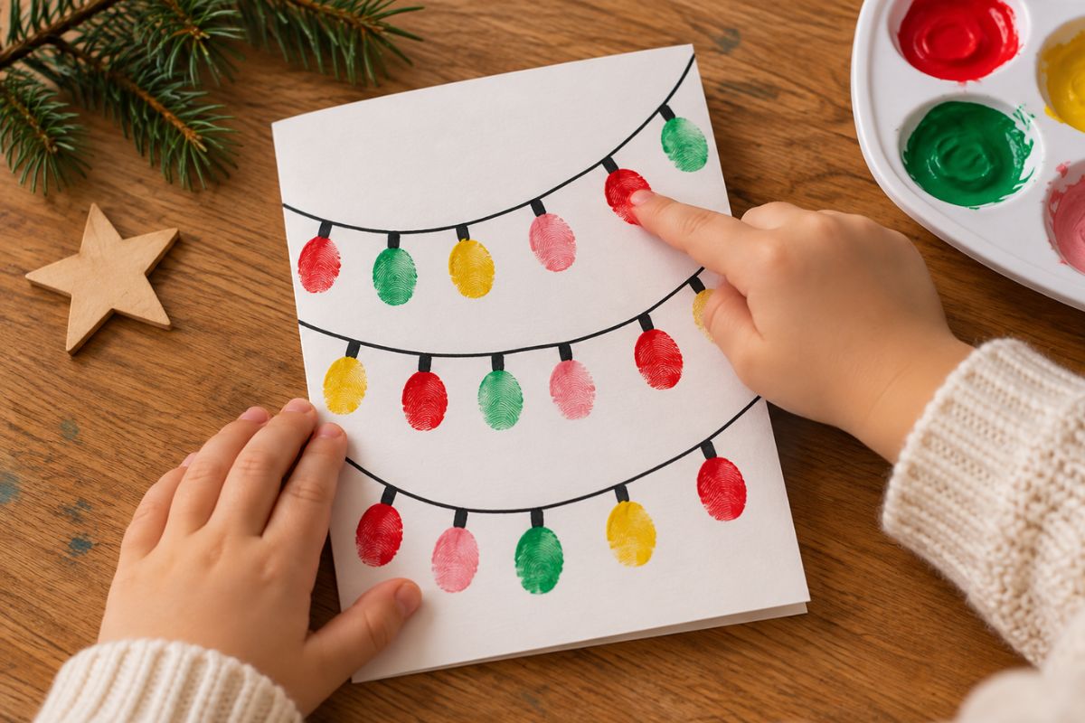 Weihnachtskarte mit Fingerabdruck-Lichterkette basteln: Kinder gestalten bunte Weihnachtslichter mit Fingerfarbe.