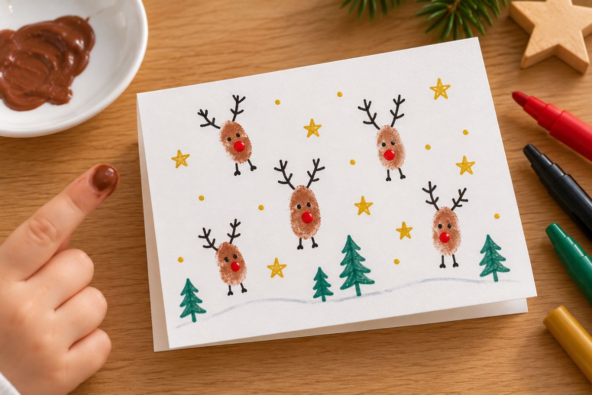 Rentier-Weihnachtskarte mit Kindern basteln: Kleine braune Fingerabdrücke werden mit Geweih, Augen und roter Nase zu Rentieren.
