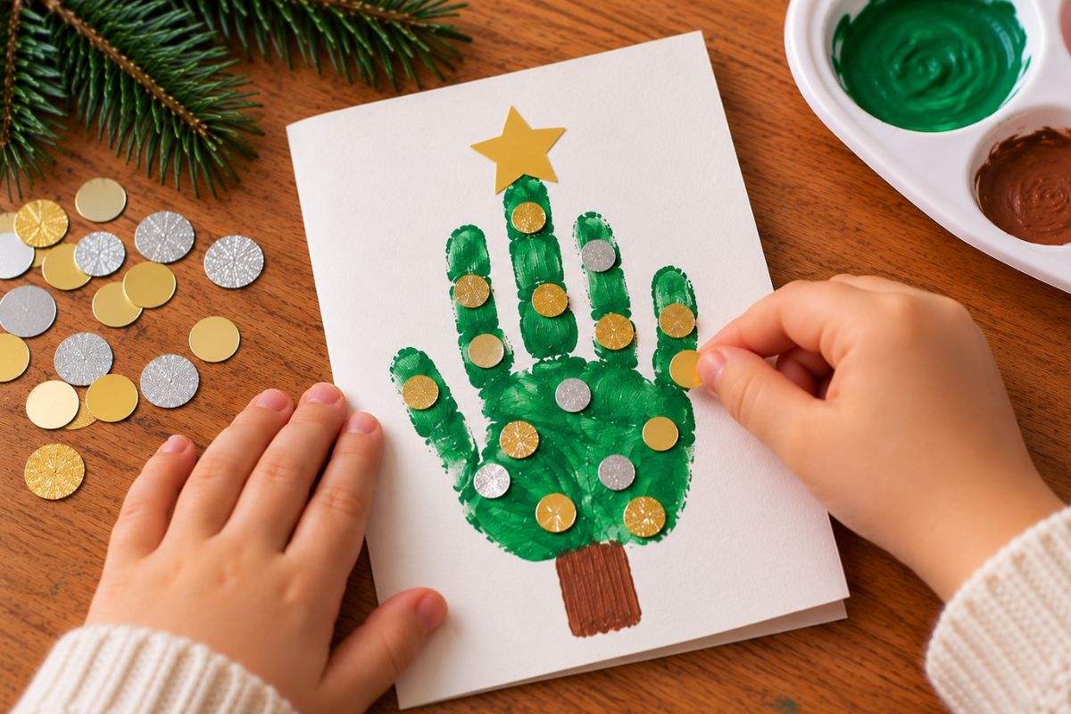 Weihnachtskarte mit Handabdruck basteln: Grüner Handabdruck als Weihnachtsbaum mit Stern und gold-silbernem Konfetti.