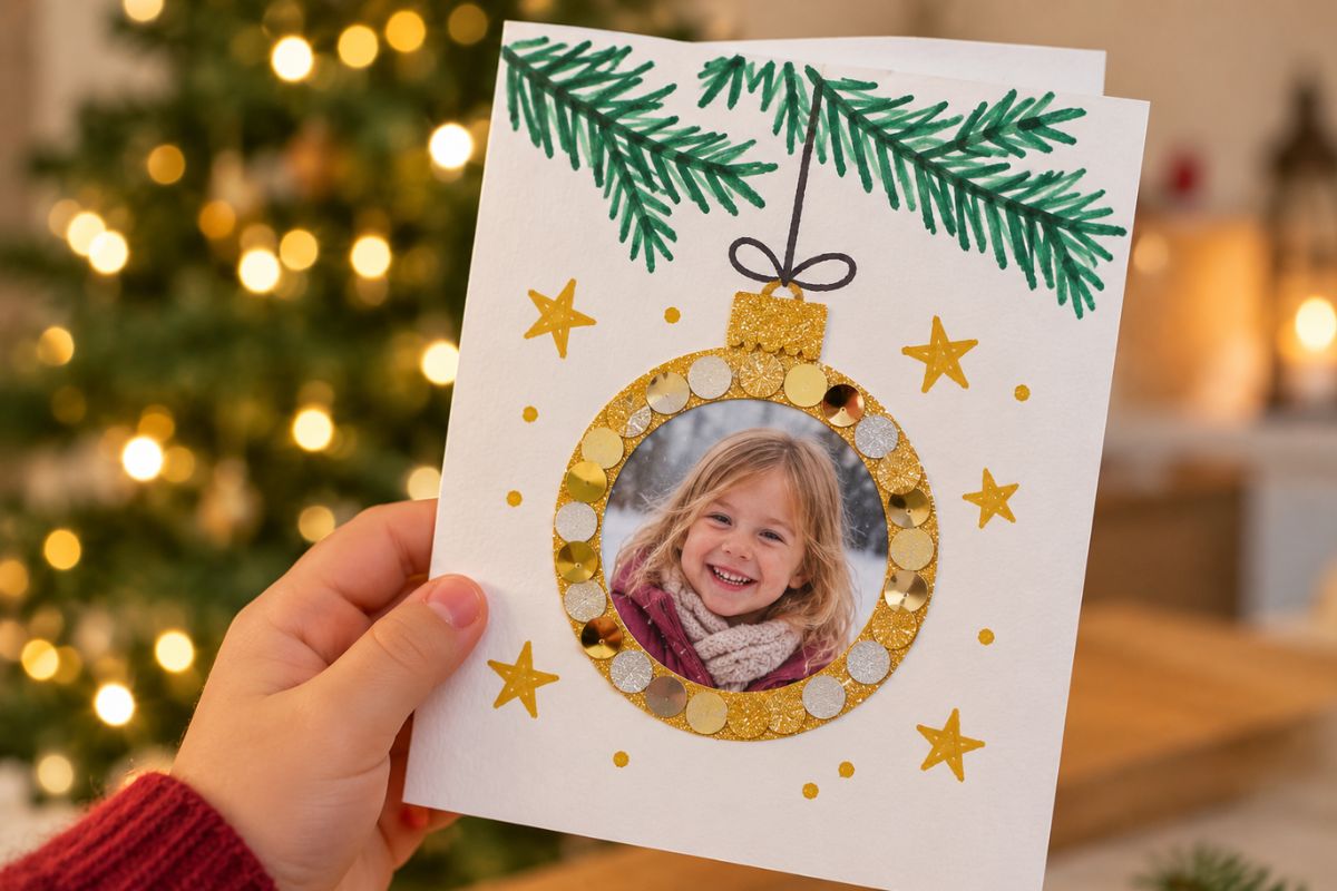 Weihnachtskarte mit Foto des Kindes basteln: Persönliche Weihnachtskugel mit Kinderfoto auf einer selbst gestalteten Klappkarte.