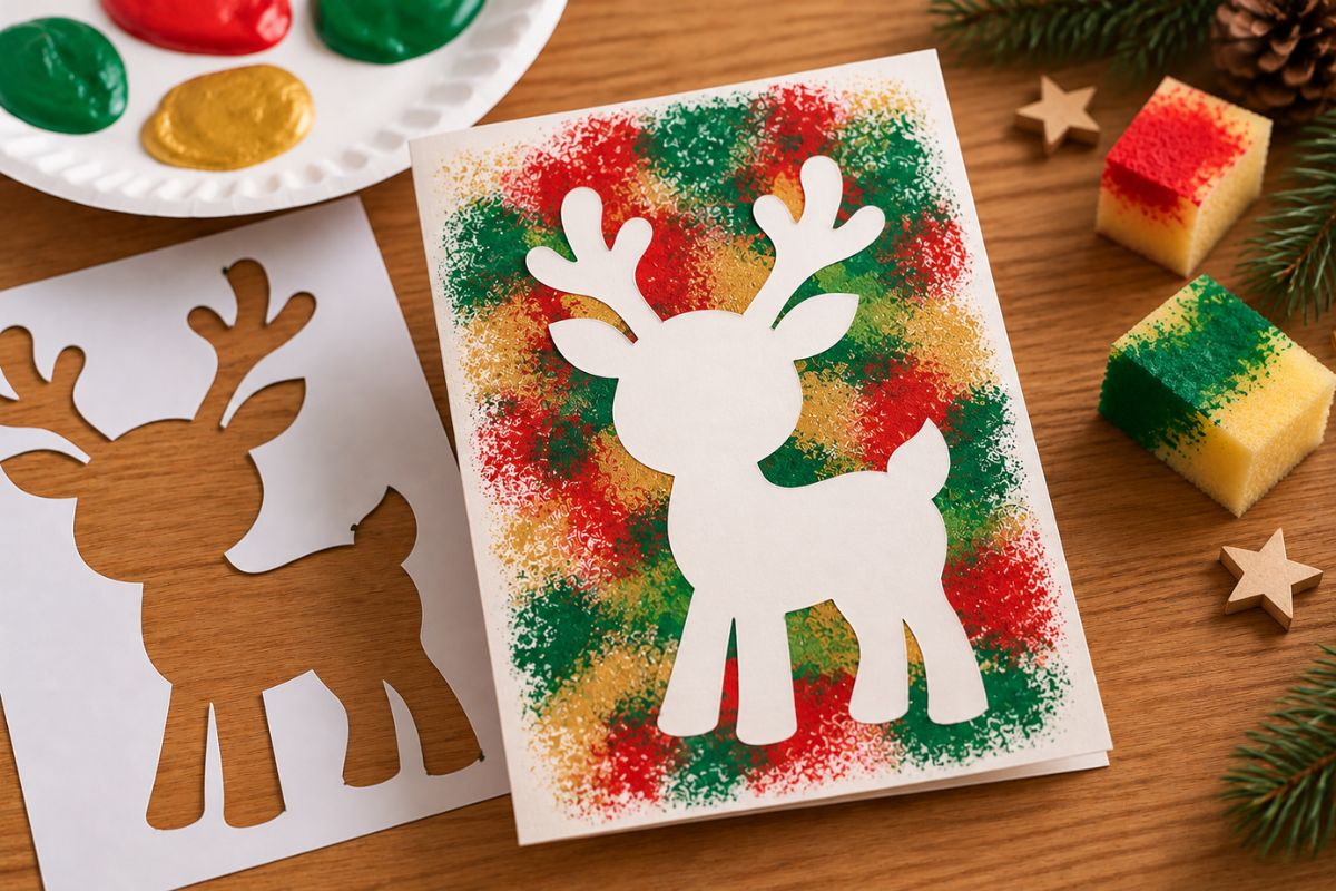 Weihnachtskarte mit Schablone und Schwamm basteln: Rentier bleibt als weiße Silhouette im bunt getupften Hintergrund frei.