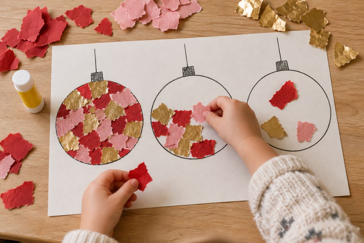Kind gestaltet Weihnachtskugeln als Schnipselbild aus rotem, rosa und goldenem Papier