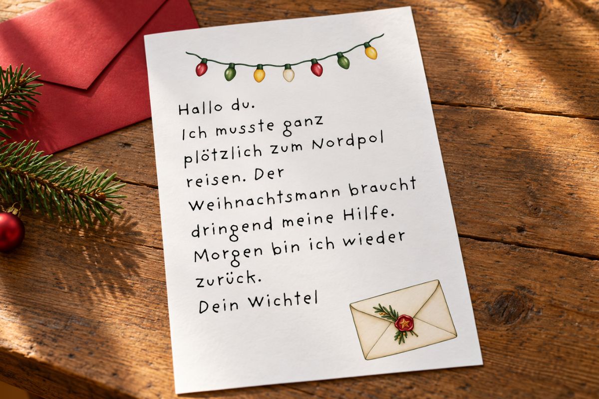 Wichtel-Notfallbrief mit Weihnachtslichtern und Umschlag auf einem Holztisch, dekoriert mit rotem Briefumschlag und Tannenzweig.
