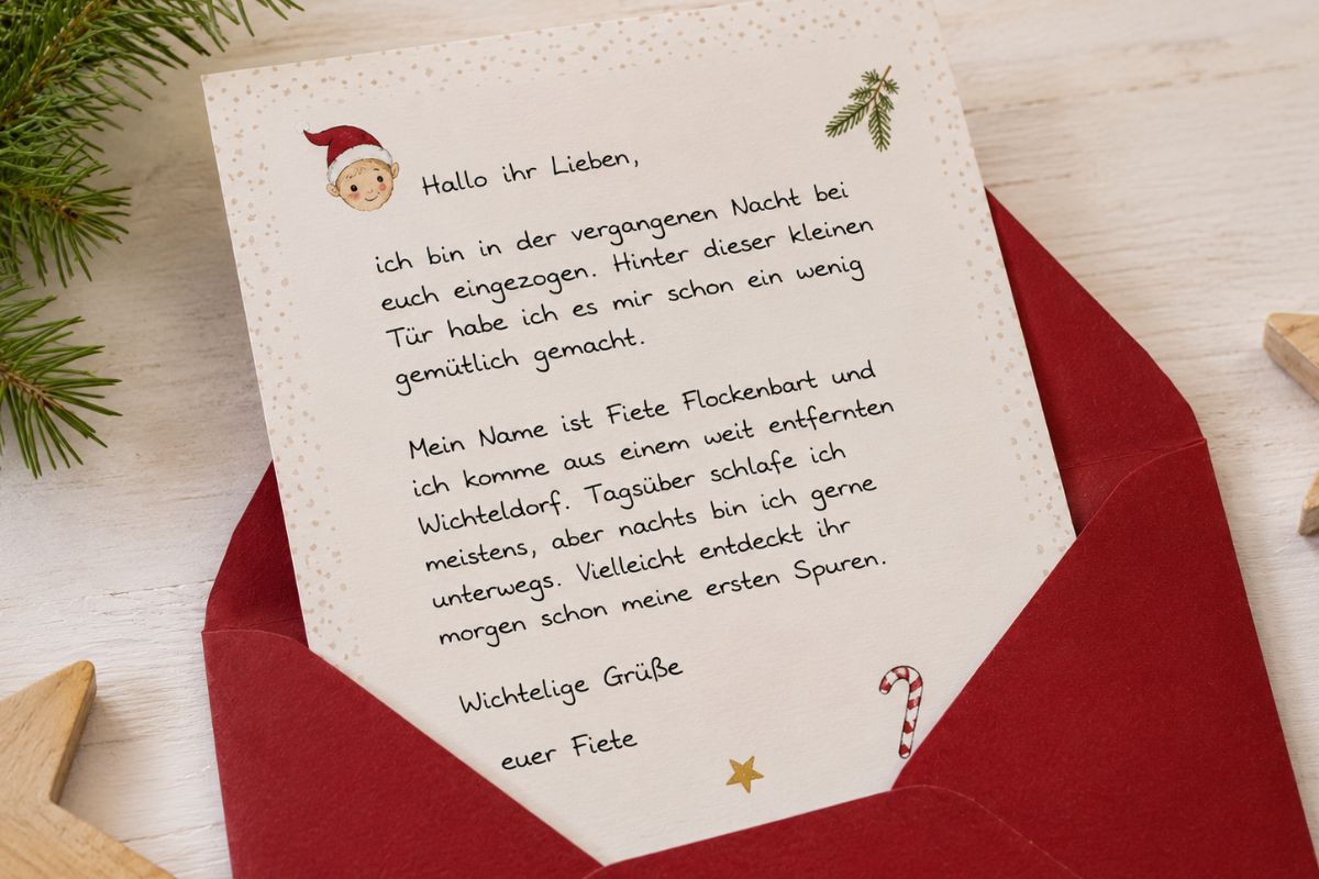 Beispiel für einen ersten Wichtelbrief auf Briefpapier in einem roten Umschlag