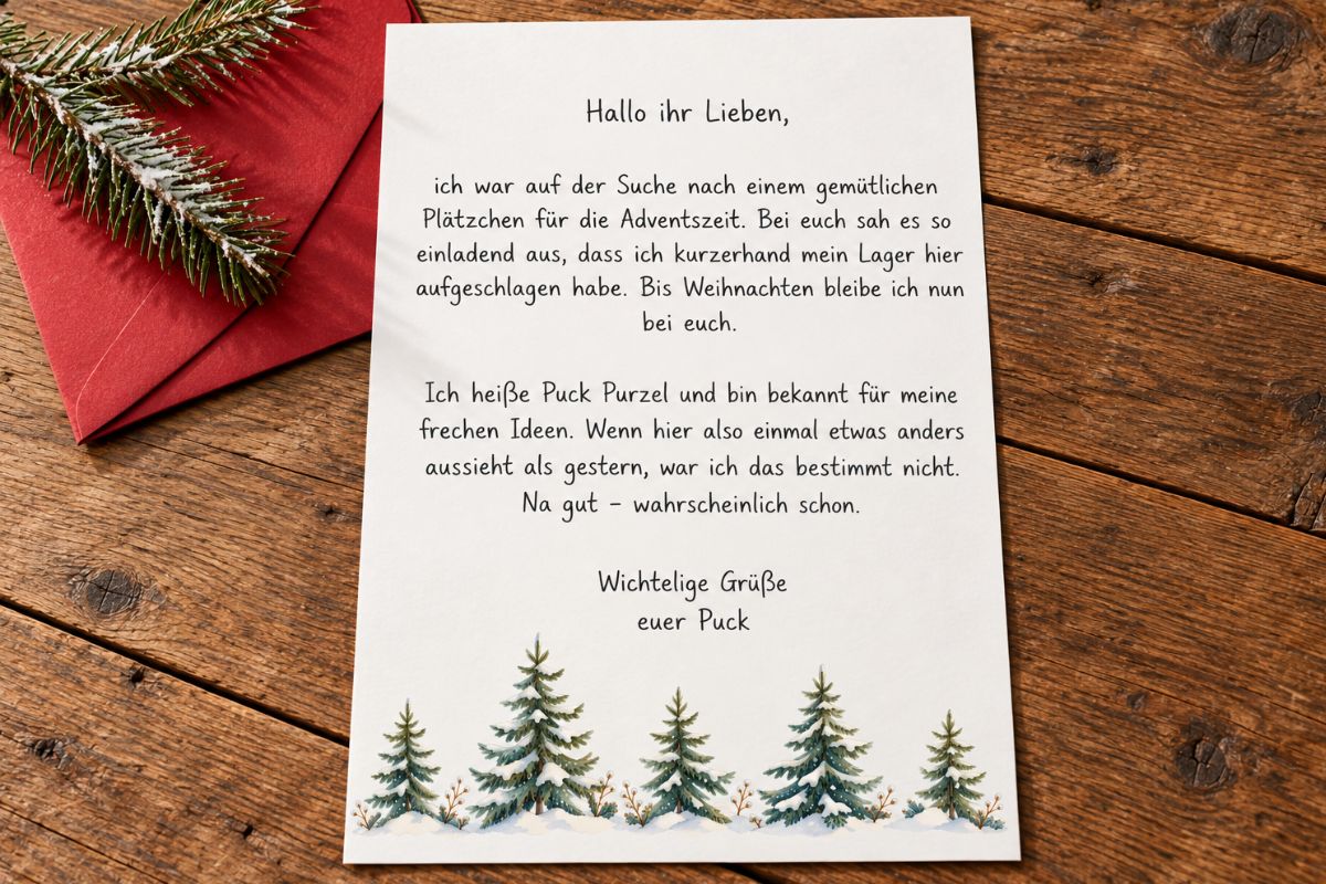 Erster Wichtelbrief von Puck Purzel auf Briefpapier mit verschneitem Tannenwald, daneben ein roter Umschlag.