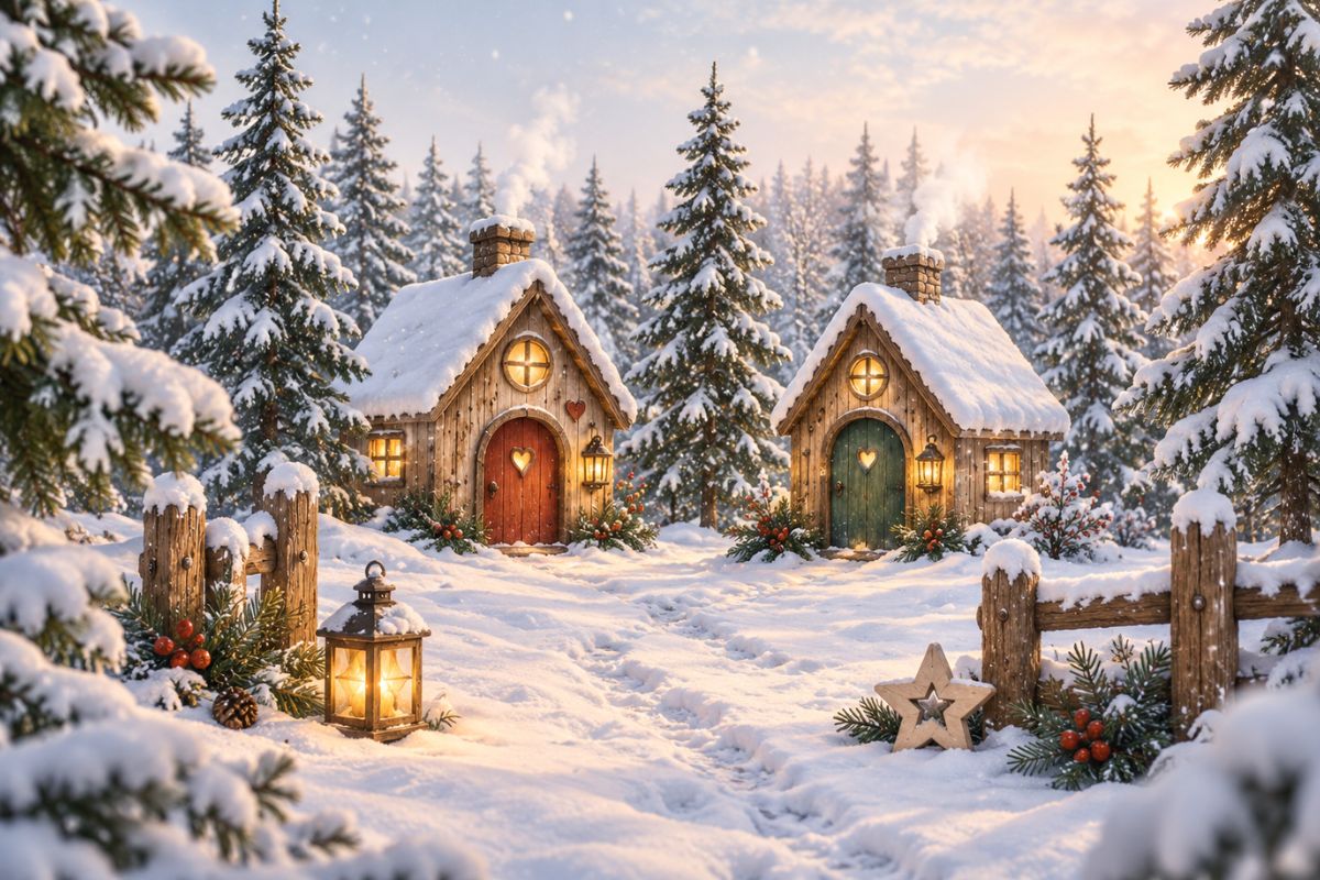 Verschneiter Funkelwald mit kleinen Wichtelhäusern aus einer Weihnachtsgeschichte für Kinder