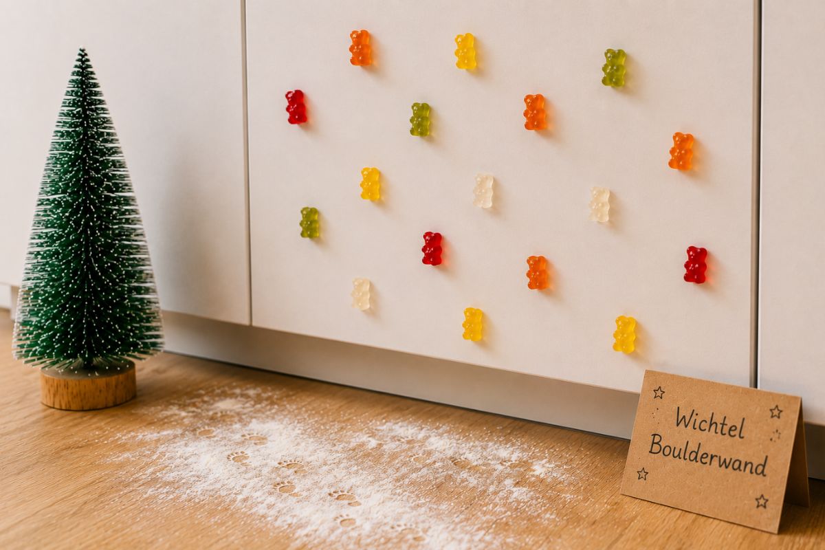 Wichtelstreich: Gummibärchen bilden eine Boulderwand am Küchenschrank. Kleine Fußspuren im Mehl verraten den nächtlichen Besuch des Weihnachtswichtels.