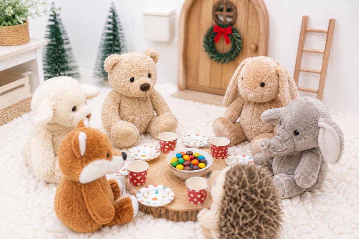 Kuscheltiere feiern eine Weihnachtsfeier vor der Wichteltür – liebevolle Idee für einen einfachen Wichtelstreich mit Kindern.