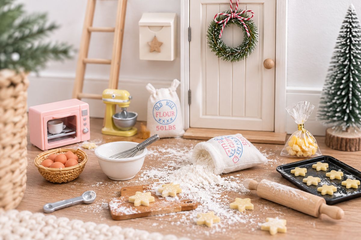 Wichtelstreich mit Mehl, Mini-Kochlöffel und Plätzchen vor der Wichteltür – der Weihnachtswichtel wurde beim Plätzchenbacken überrascht.