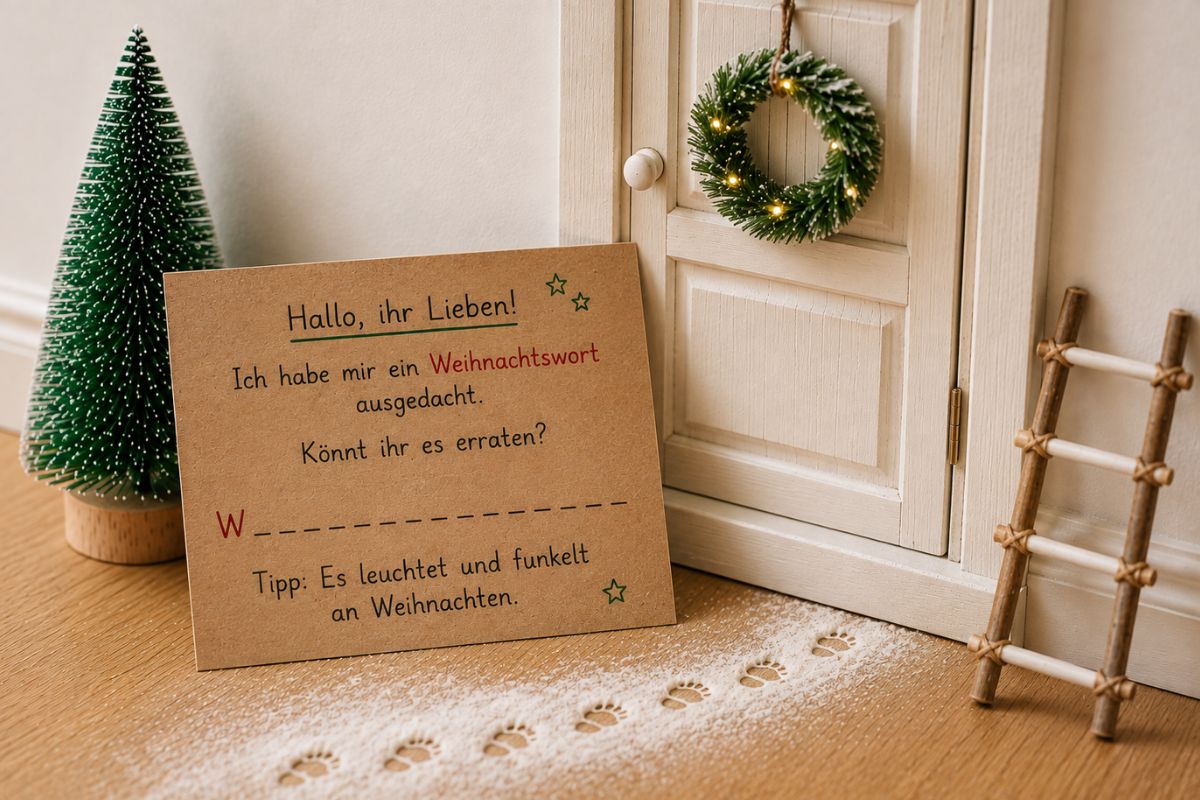 Brief mit Weihnachtsrätsel vor der Wichteltür – der Weihnachtswichtel fordert die Kinder auf, ein Weihnachtswort zu erraten.