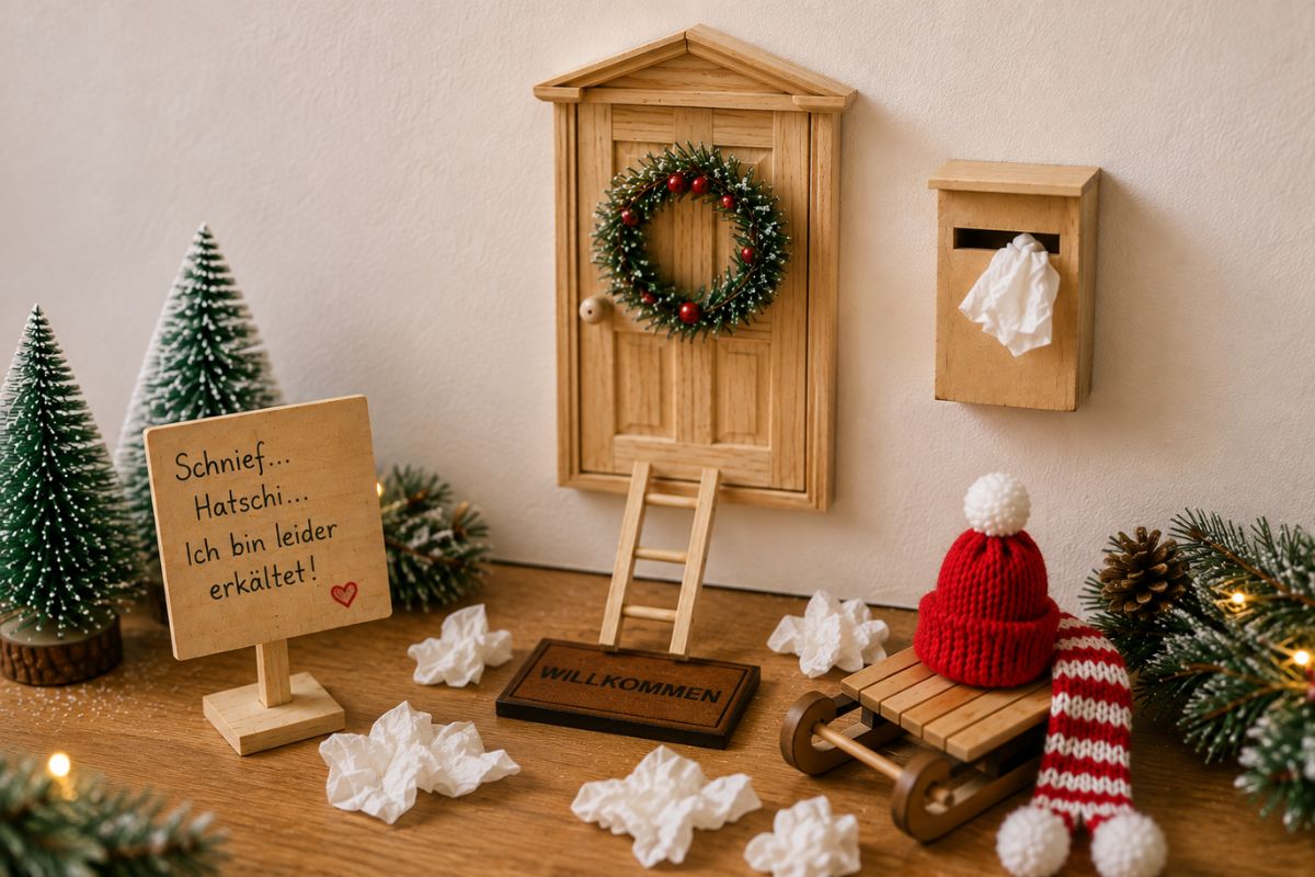 Wichtelstreich mit benutzten Taschentüchern vor der Wichteltür – der erkältete Weihnachtswichtel bittet die Kinder um Hilfe.