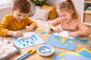 Kinder basteln ein Wolkenbild mit Watte und Papier und gestalten Regenwolken mit Regentropfen