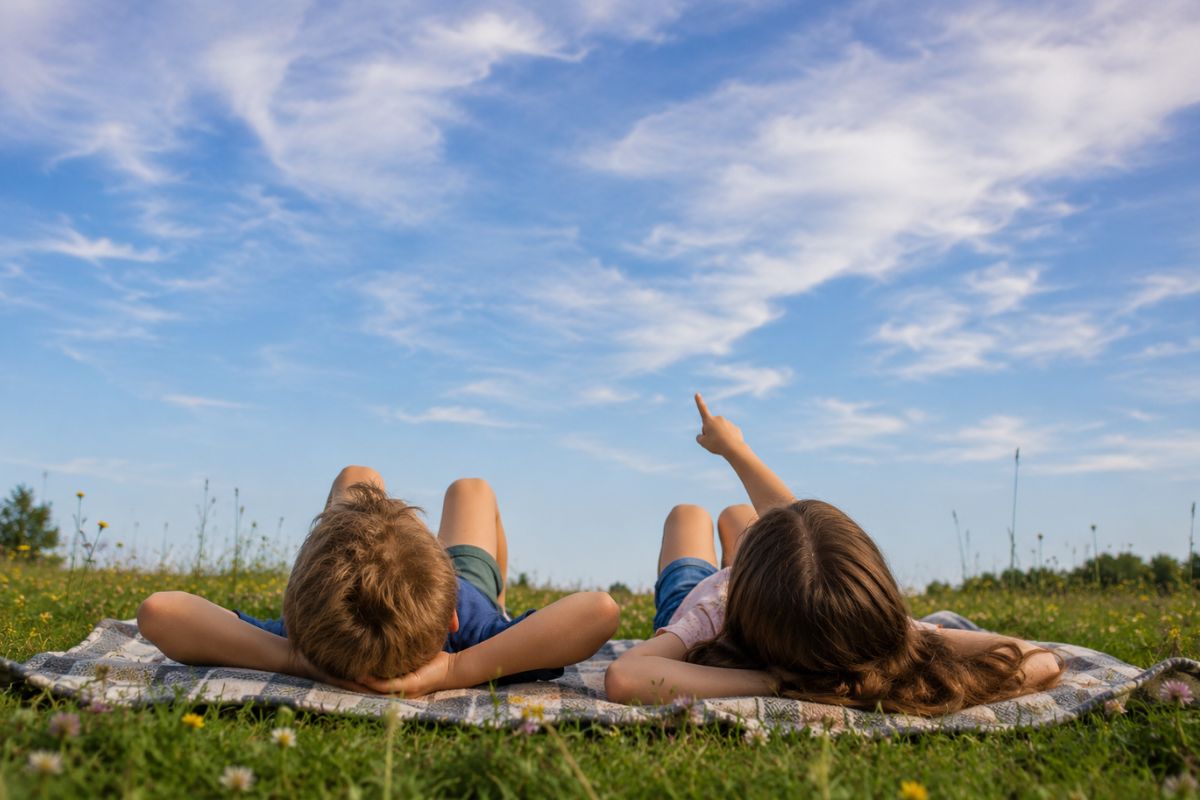 Zwei Kinder liegen auf einer Decke im Gras und beobachten Wolken am Himmel