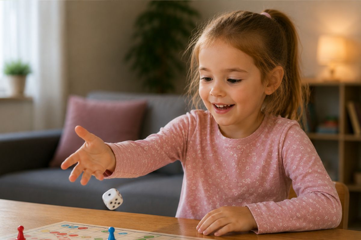 Fünfjähriges Mädchen würfelt bei einem einfachen Brettspiel und lernt spielerisch Zahlen und Mengen kennen