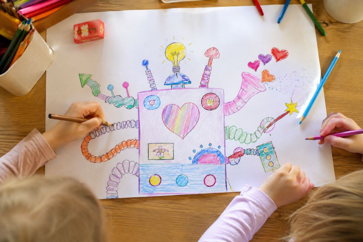 Zwei Kinder zeichnen gemeinsam eine fantasievolle Wunschmaschine mit vielen bunten Knöpfen, Rohren und einfachen Grundformen.