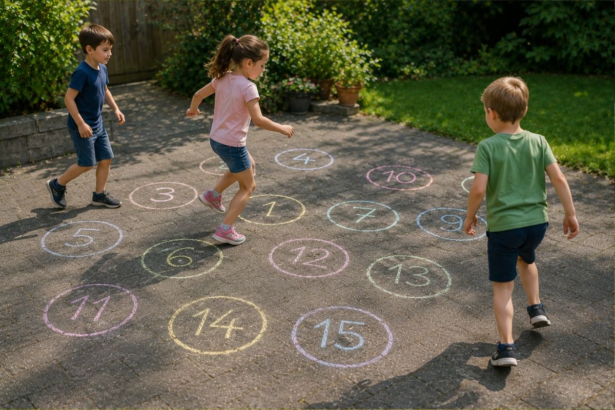Kinder spielen Zahlenlauf mit Kreide draußen – Bewegungsspiel für Grundschule und Vorschule