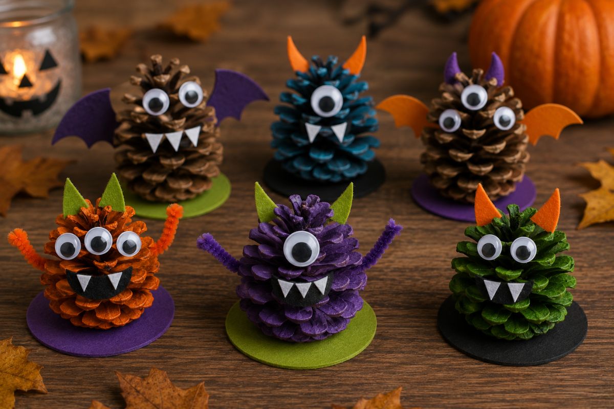 Bunte Zapfenmonster aus Tannenzapfen mit Wackelaugen, Hörnern, Flügeln und Zähnen als Halloween-Bastelidee für Kinder.