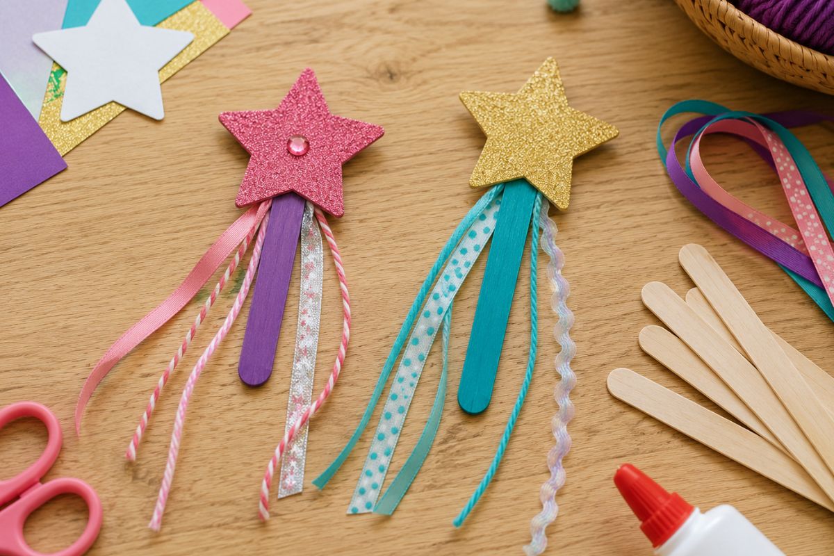 Zwei selbst gebastelte Zauberstäbe aus Eisstielen mit Glitzersternen, bunten Bändern und Wollfäden als einfache Bastelidee für Kinder.