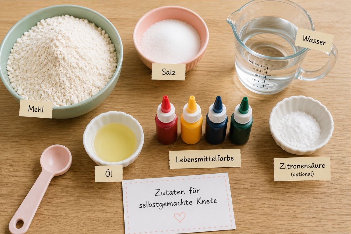 Zutaten für Knete selber machen: Mehl, Salz, Wasser, Öl, Lebensmittelfarbe und optional Zitronensäure für selbstgemachte Knete